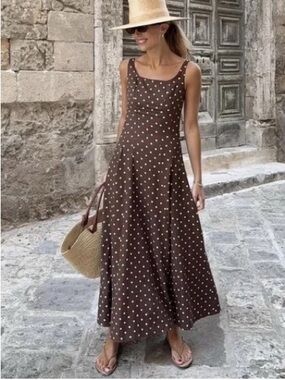 ZARA Linen Brown Polka Dot Midi Dress S